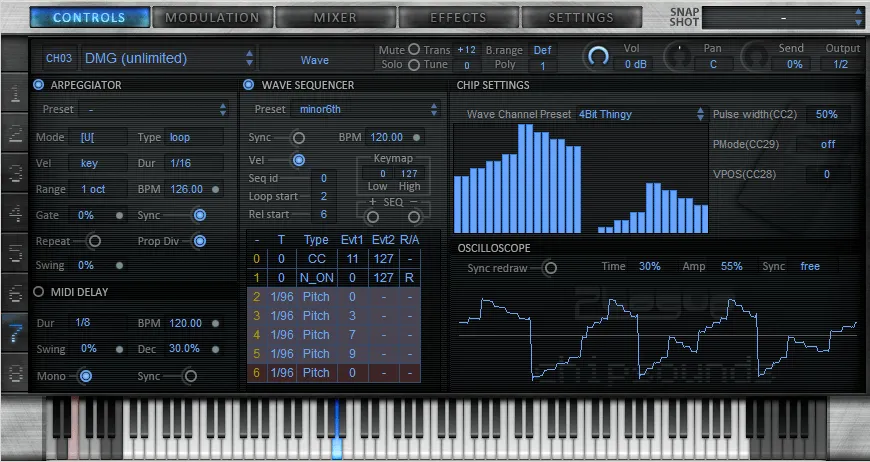 Chipsounds with a Game Boy channel loaded: an arpeggiator and wave sequencer on the left, chip settings with a 50 percent pulse width in the centre, an oscilloscope showing a stepped waveform, and a keyboard below.