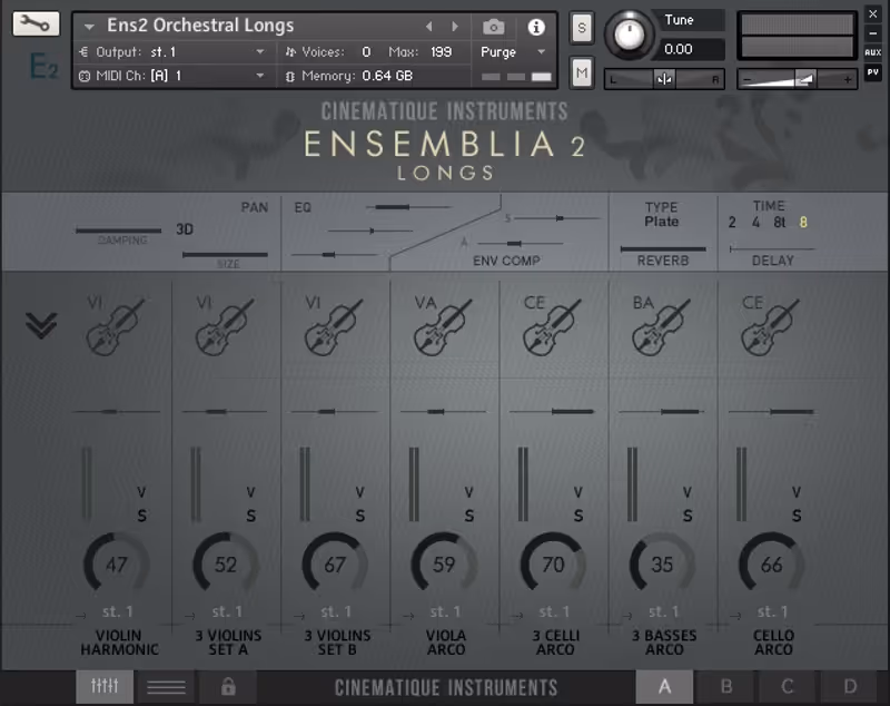 Interface of Ensemblia 2: Orchestral Longs by Cinematique Instruments