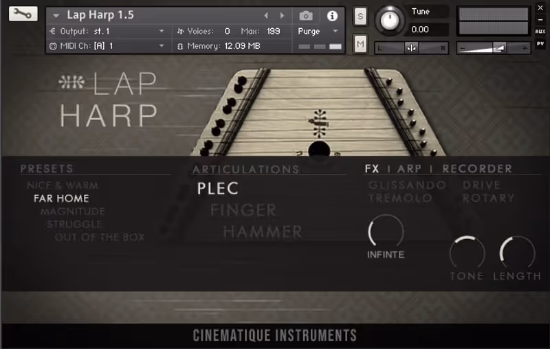 Interface of Lap Harp v1.5 by Cinematique Instruments