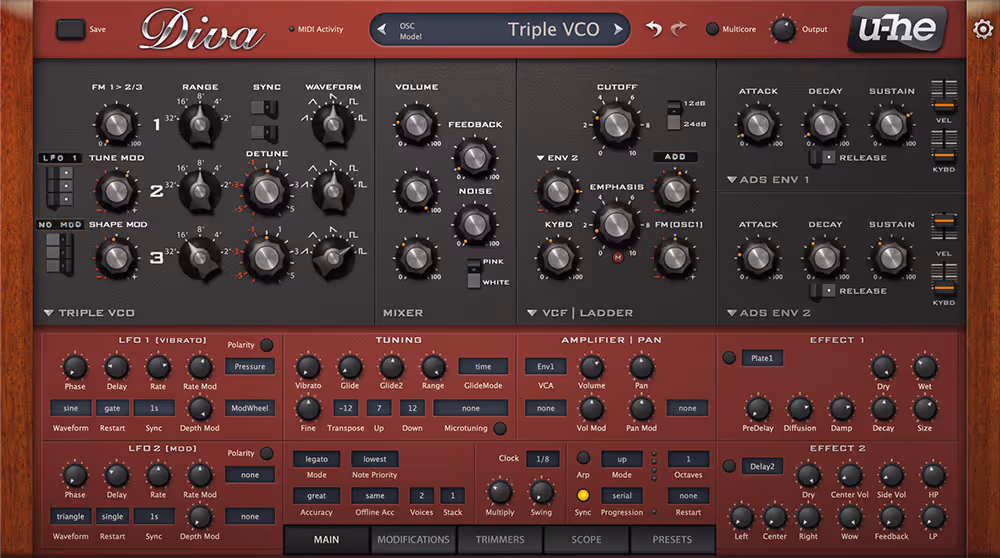 Diva's main panel: Triple VCO oscillator module, mixer, Ladder filter and two ADS envelopes on top, LFOs, tuning, amplifier and two effect slots below.