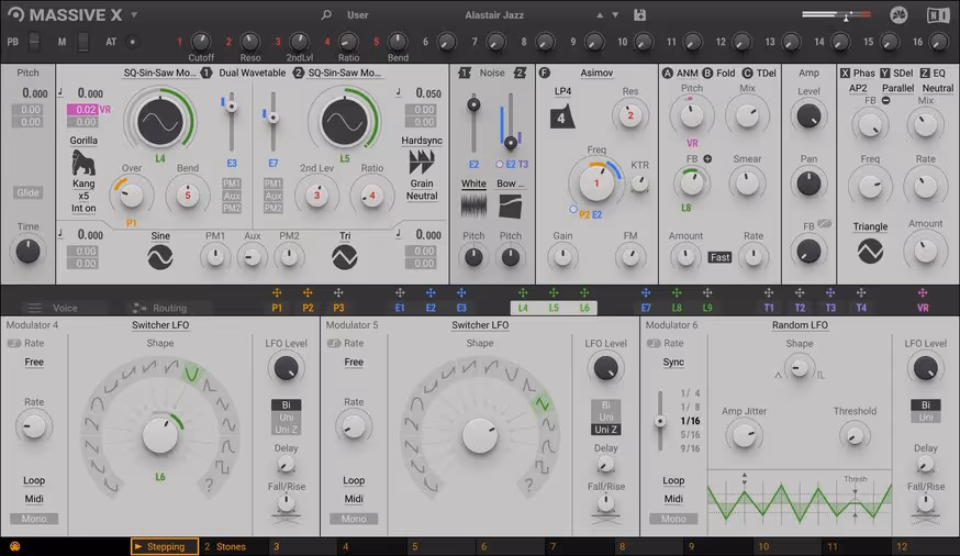 MASSIVE X's main view: two wavetable oscillators, noise, filter, insert and stereo effects across the top, three modulators below.