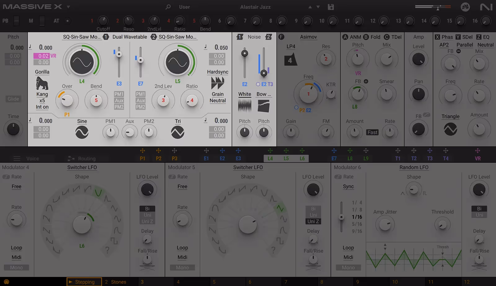 MASSIVE X with the oscillator section highlighted: two wavetable oscillators with their mode, phase modulation and level controls.