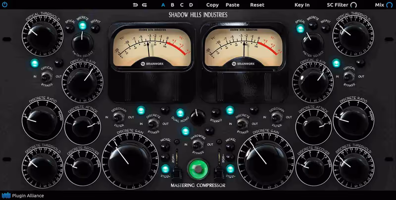 Interface of Shadow Hills Mastering Compressor by Plugin Alliance