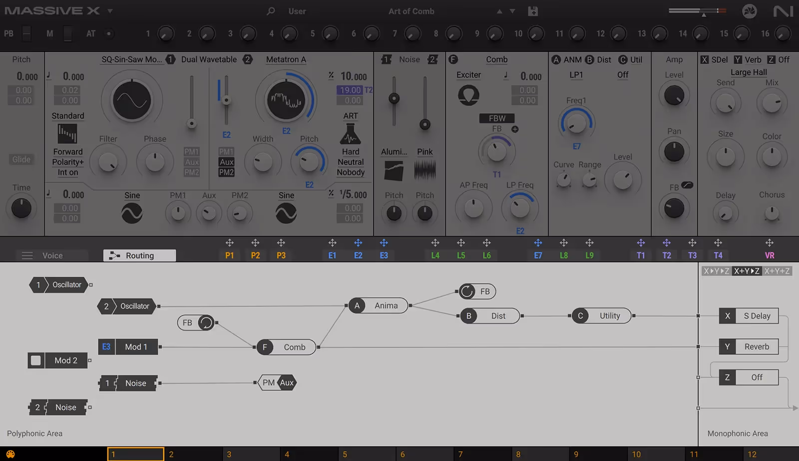 MASSIVE X routing page: oscillators, noise sources, a comb filter, insert effects and feedback loops wired together across polyphonic and monophonic areas.