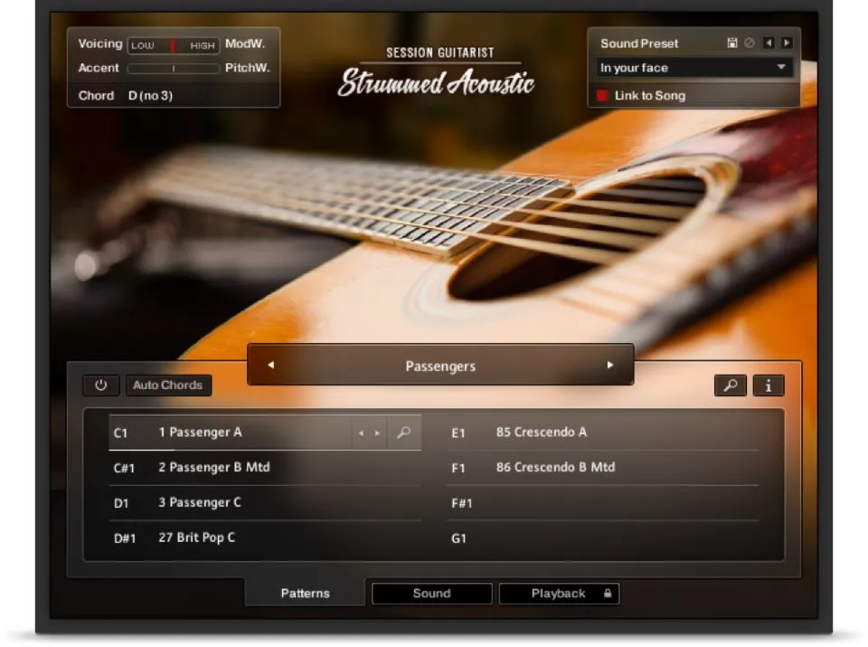 Session Guitarist: Strummed Acoustic's interface: voicing and accent controls, the detected chord D, a sound preset menu, and a list of strumming patterns mapped to keys from C1 upward.