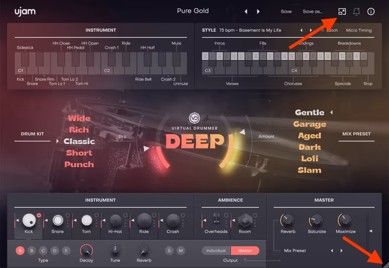 Interface of Virtual Drummer by UJAM