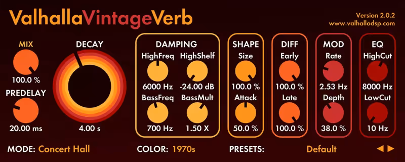 Interface of Valhalla VintageVerb by Valhalla DSP
