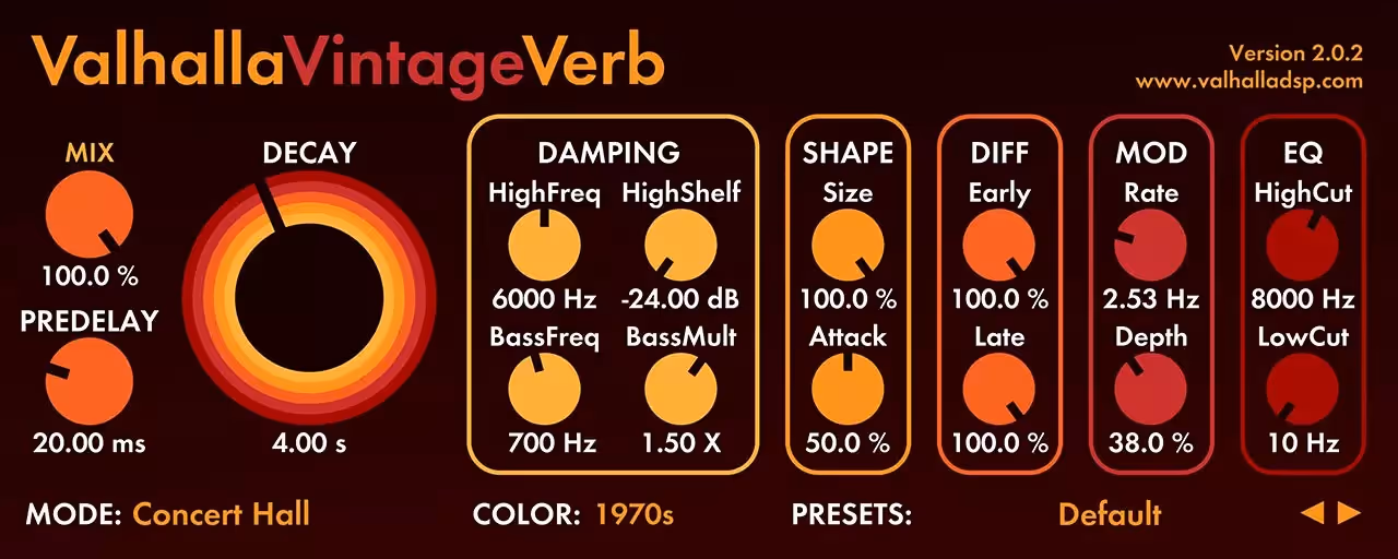 Valhalla VintageVerb in its 1970s colour mode: mix, predelay and decay on the left, damping, shape, diffusion, modulation and EQ sections across the panel.