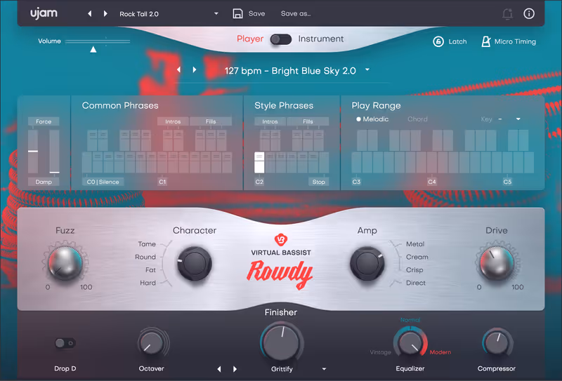 Interface of Virtual Bassist ROWDY 2 by UJAM