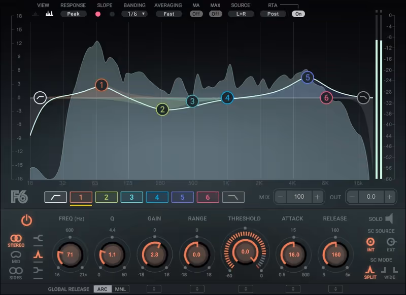 Interface of F6 Floating-Band Dynamic EQ by Waves